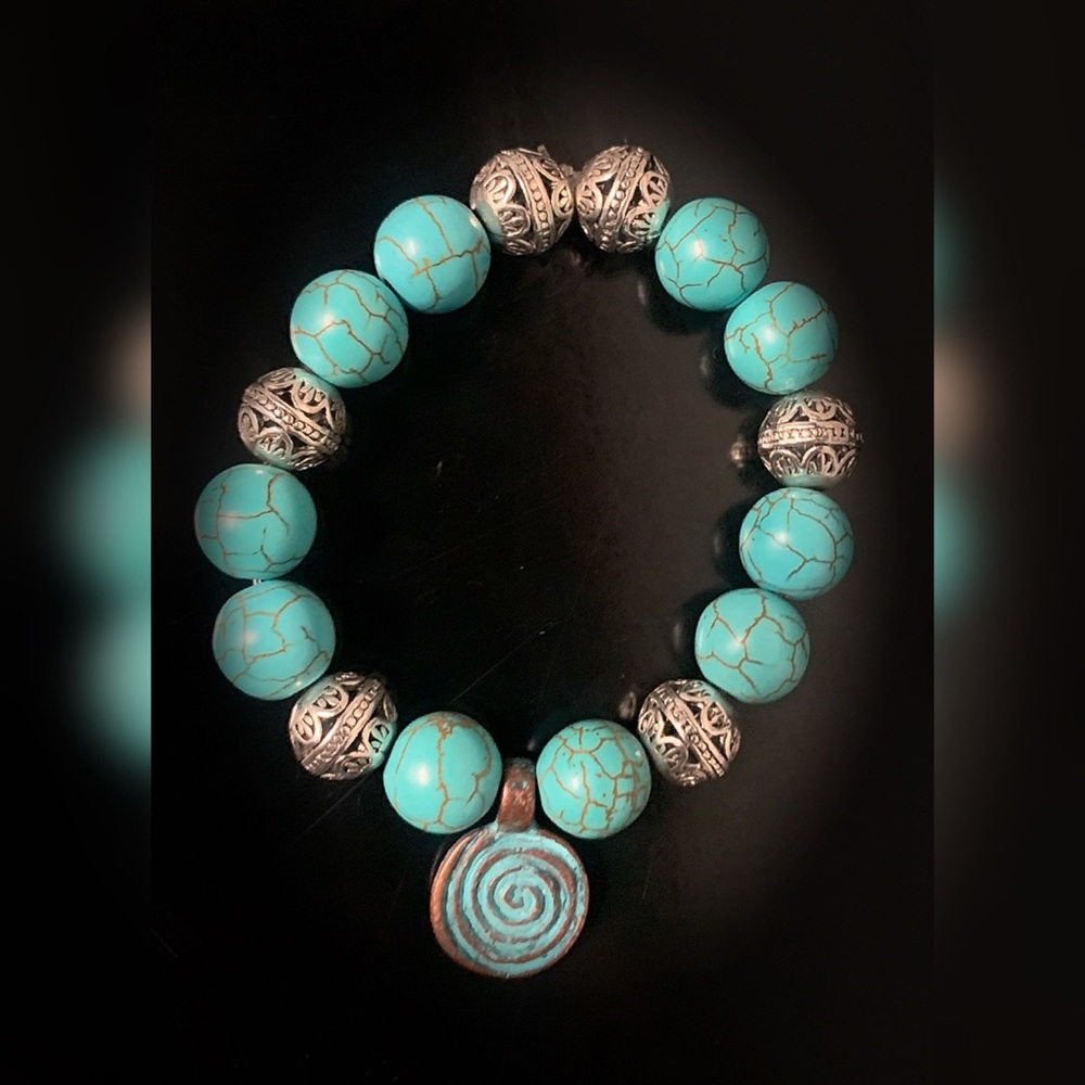 Turquoise & Silver Bead Koru Bracelet